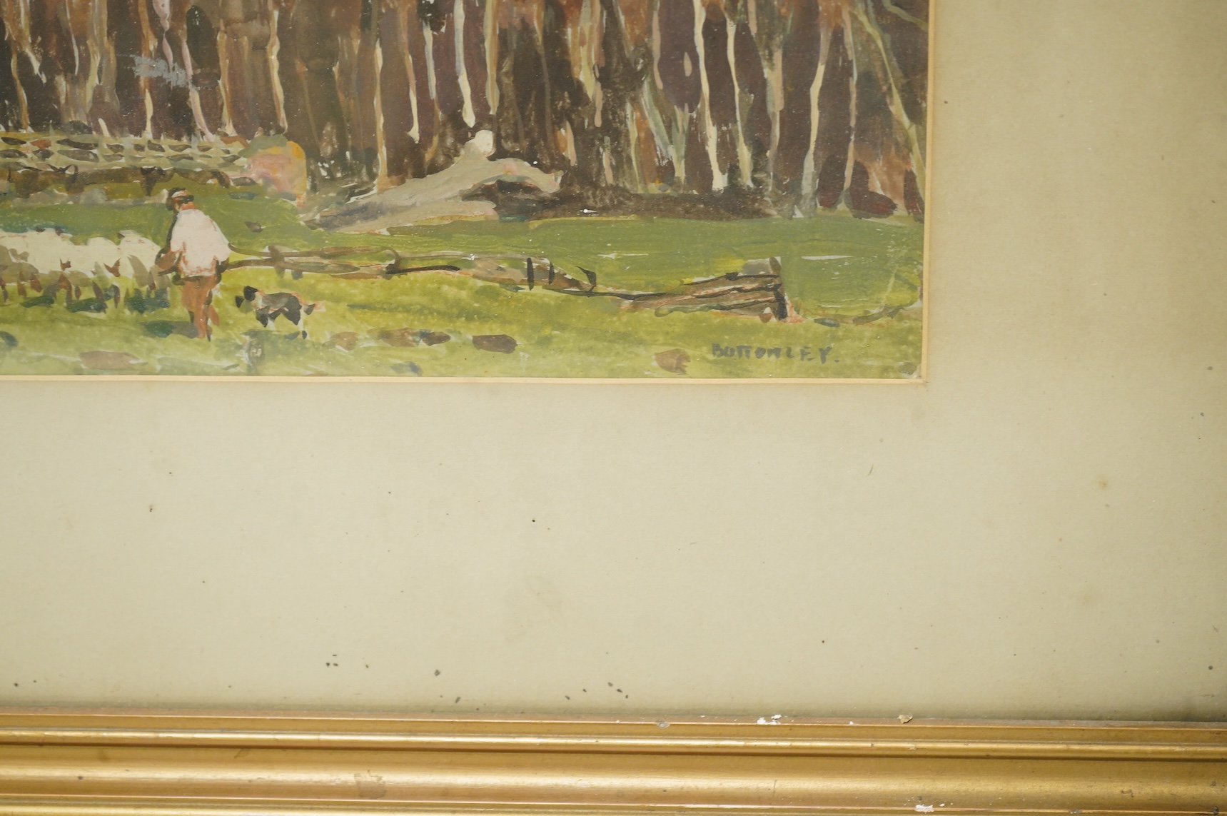 Albert Ernest Bottomley (1873-1950), Landscape with shepherd and flock of sheep, signed, watercolour, 25 x 24cm